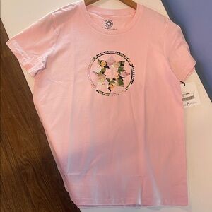 NWT pink Shirt with Floral Club Pilates Design, XL
